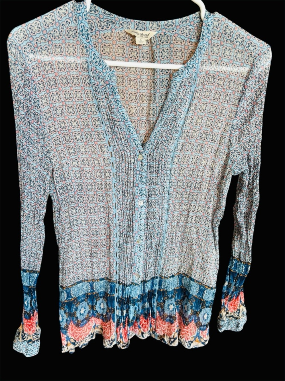 Woman's small Lucky Brand bohemian colorful blouse in a viscose fabric.